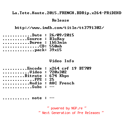 NFO for the release La.Tete.Haute.2015.FRENCH.BDRip.x264-PRiDEHD by PRiDEHD