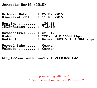 NFO for the release Jurassic.World.German.2015.AC3.BDRiP.x264-EXQUiSiTE by EXQUiSiTE