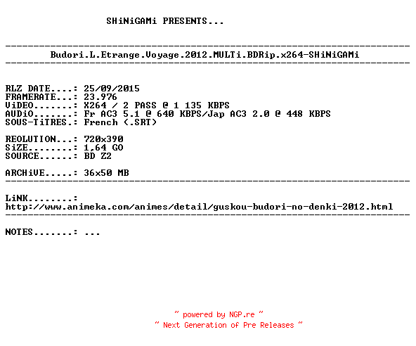 NFO for the release Budori.L.Etrange.Voyage.2012.MULTi.BDRip.x264-SHiNiGAMi by SHiNiGAMi