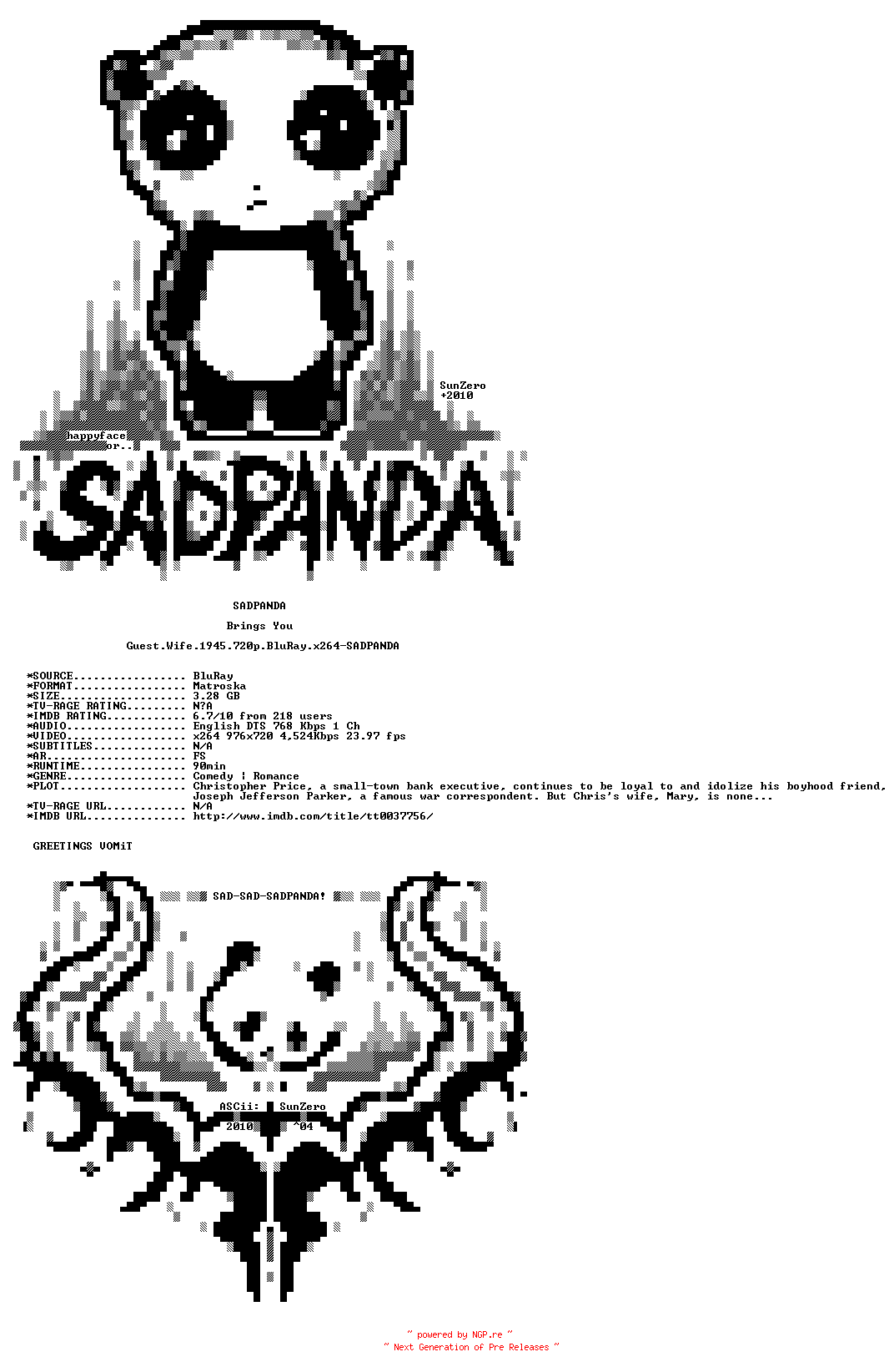 NFO for the release Guest.Wife.1945.720p.BluRay.x264-SADPANDA by SADPANDA