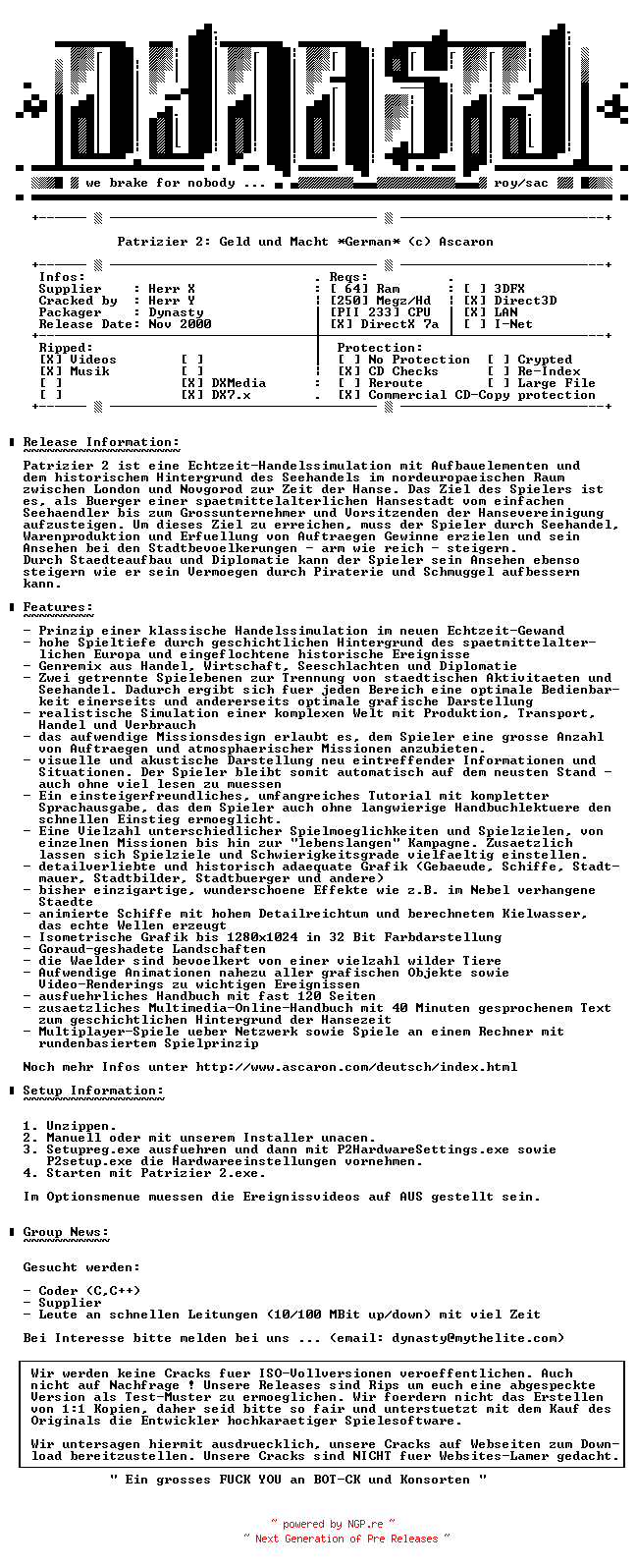 NFO for the release Patrizier.2.Geld.und.Macht.GERMAN-DYNASTY by DYNASTY