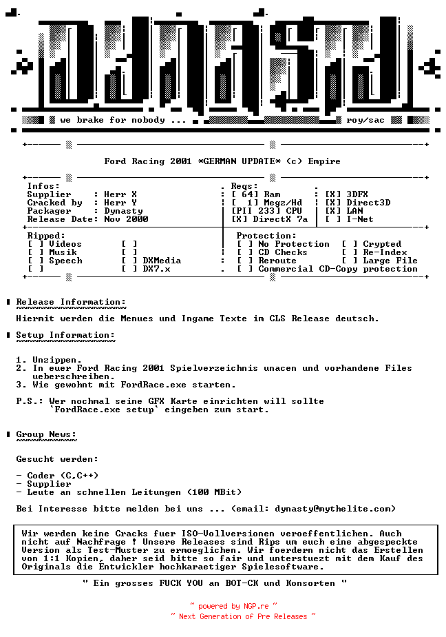 NFO for the release Ford.Racing.2001.GERMAN.Update-DYNASTY by DYNASTY