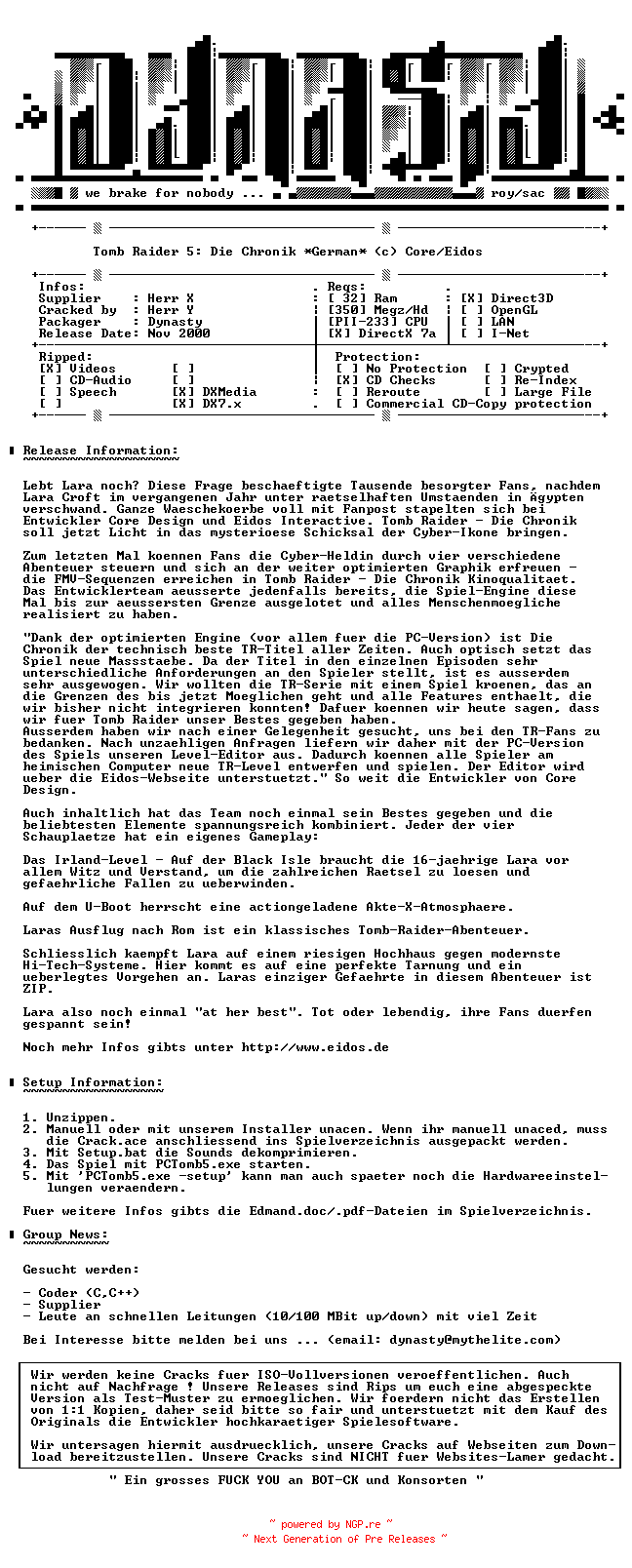 NFO for the release Tomb.Raider.5.Die.Chronik.GERMAN-DYNASTY by DYNASTY