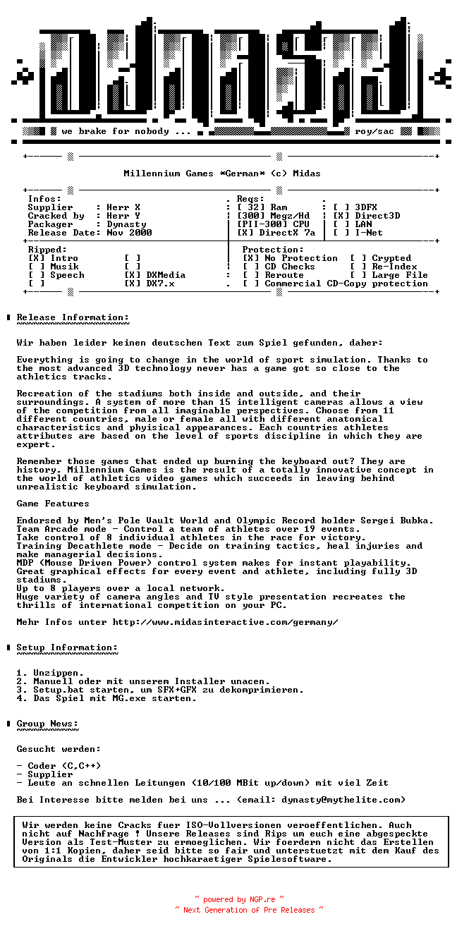 NFO for the release Millennium.Games.GERMAN-DYNASTY by DYNASTY