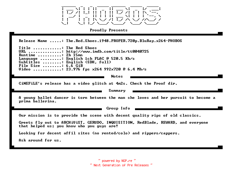 NFO for the release The.Red.Shoes.1948.PROPER.720p.BluRay.x264-PHOBOS by PHOBOS