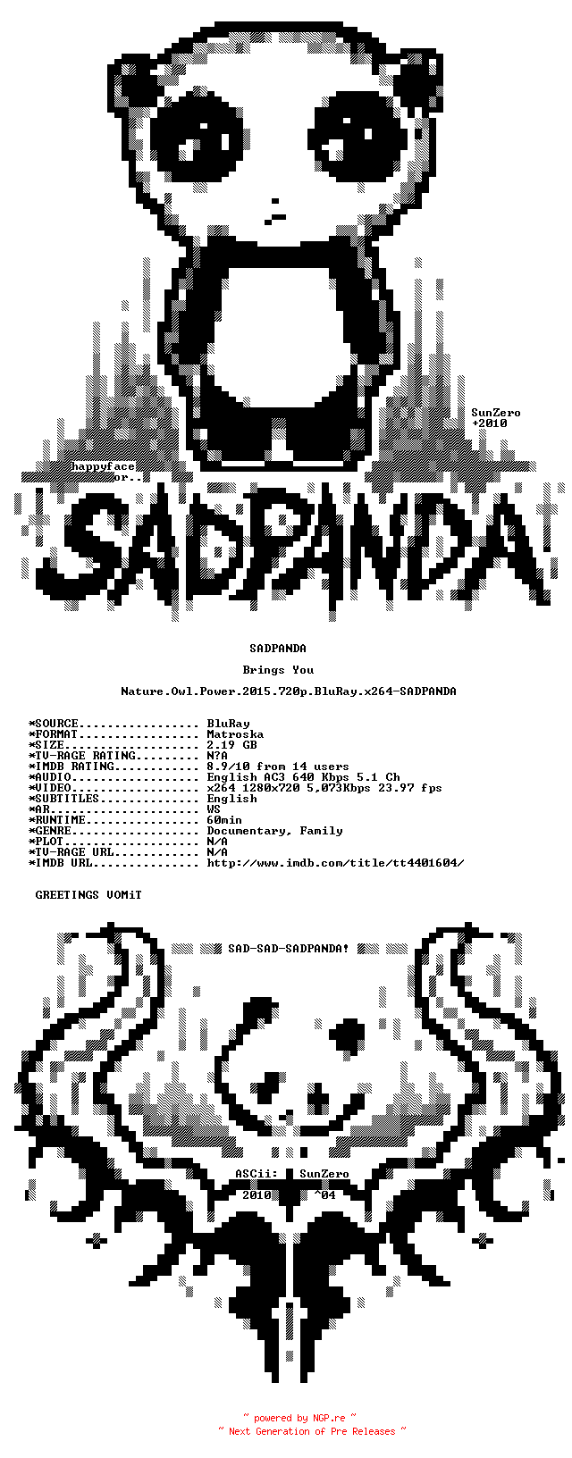 NFO for the release Nature.Owl.Power.2015.720p.BluRay.x264-SADPANDA by SADPANDA
