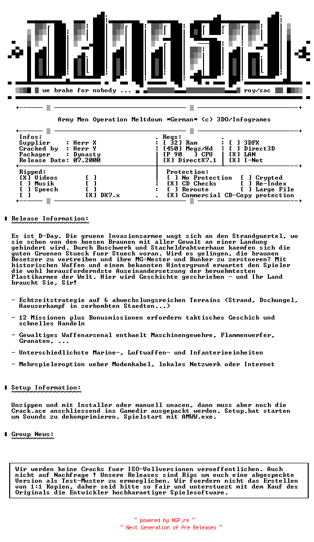 NFO for the release Army.Men.Operation.Meltdown.GERMAN-DYNASTY by DYNASTY