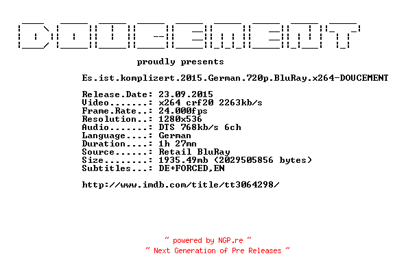 NFO for the release Es.ist.komplizert.2015.German.720p.BluRay.x264-DOUCEMENT by DOUCEMENT