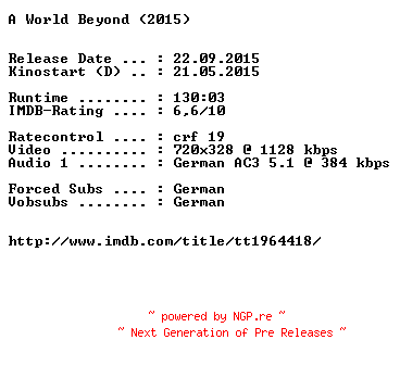 NFO for the release A.World.Beyond.German.2015.AC3.BDRiP.x264-EXQUiSiTE by EXQUiSiTE