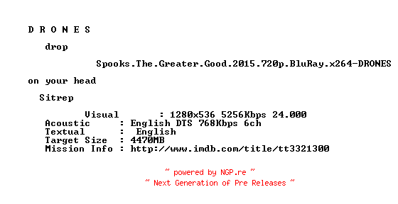 NFO for the release Spooks.The.Greater.Good.2015.720p.BluRay.x264-DRONES by DRONES