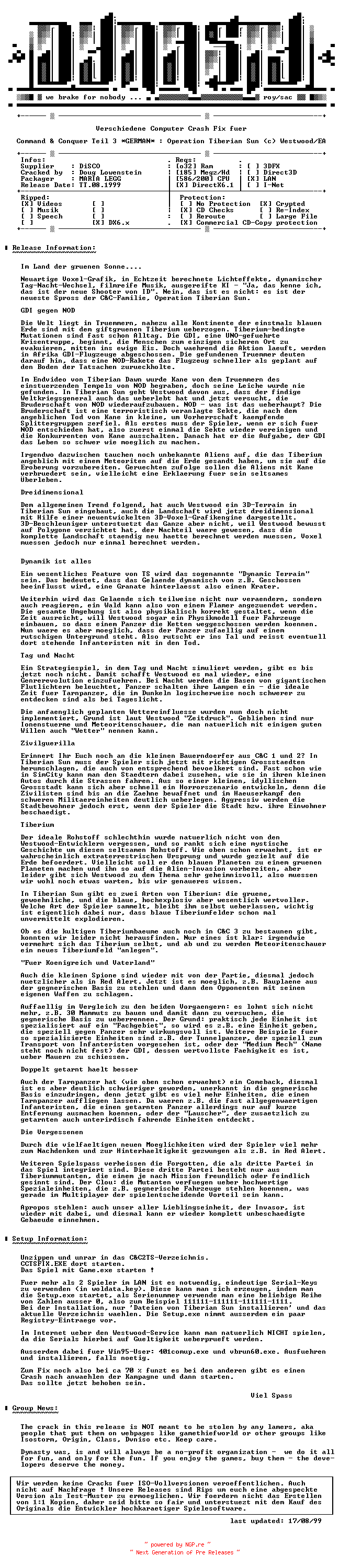 NFO for the release Command_and_Conquer_Teil_3_Operation_Tiberian_Sun_Diff_Mach_Fix_GERMAN-DYNASTY by DYNASTY
