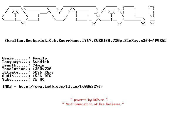 NFO for the release Skrallan.Ruskprick.Och.Knorrhane.1967.SWEDiSH.720p.BluRay.x264-APVRAL by APVRAL
