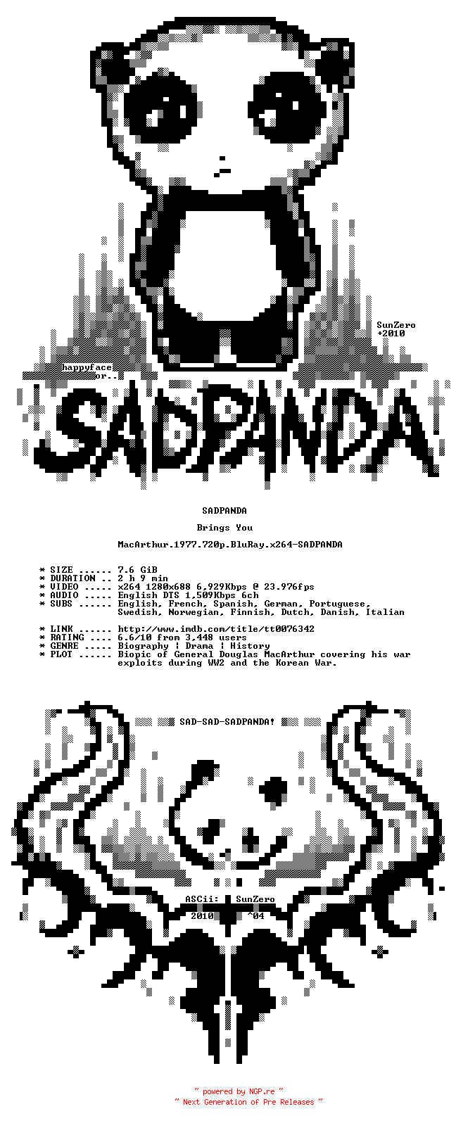 NFO for the release MacArthur.1977.720p.BluRay.x264-SADPANDA by SADPANDA