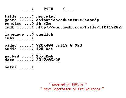NFO for the release Hercules.1997.iNTERNAL.SWEDiSH.BDRip.x264-PiER by PiER