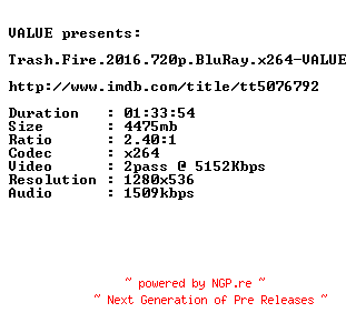 NFO for the release Trash.Fire.2016.720p.BluRay.x264-VALUE by VALUE