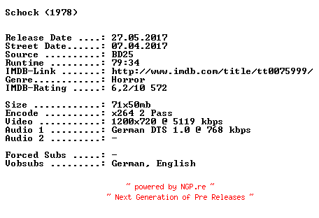 NFO for the release Schock.1978.German.720p.BluRay.x264-SPiCY by SPiCY