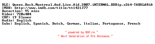 NFO for the release Queen.Rock.Montreal.And.Live.Aid.2007.iNTERNAL.BDRip.x264-TABULARiA by TABULARiA