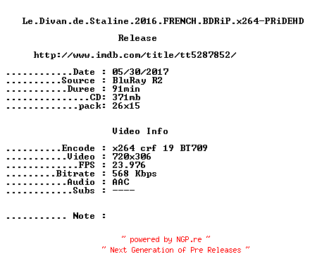 NFO for the release Le.Divan.de.Staline.2016.FRENCH.BDRiP.x264-PRiDEHD by PRiDEHD