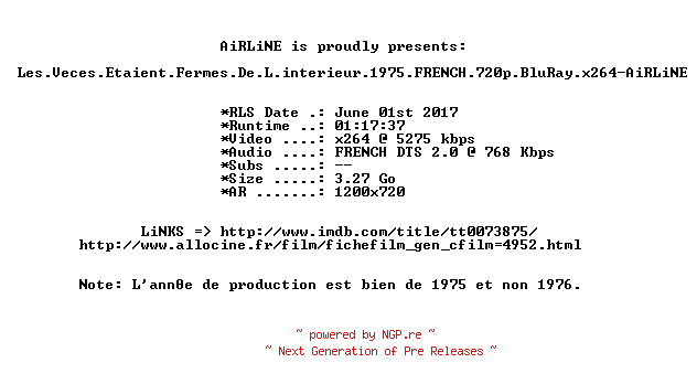 NFO for the release Les.Veces.Etaient.Fermes.De.L.interieur.1975.FRENCH.720p.BluRay.x264-AiRLiNE by AiRLiNE