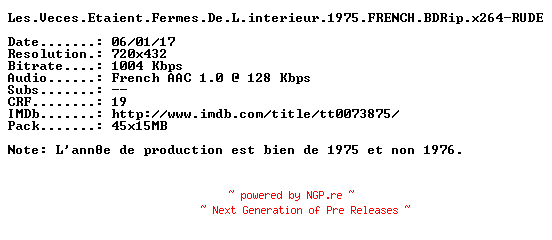 NFO for the release Les.Veces.Etaient.Fermes.De.L.interieur.1975.FRENCH.BDRip.x264-RUDE by RUDE