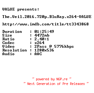NFO for the release The.Veil.2016.720p.BluRay.x264-VALUE by VALUE