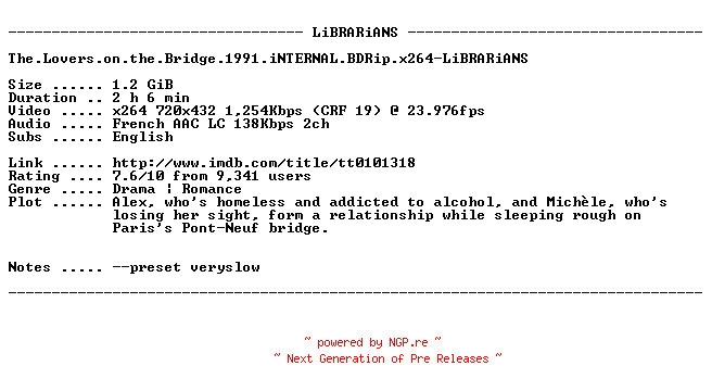 NFO for the release The.Lovers.on.the.Bridge.1991.iNTERNAL.BDRip.x264-LiBRARiANS by LiBRARiANS