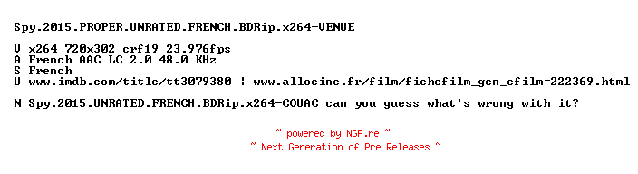 NFO for the release Spy.2015.PROPER.UNRATED.FRENCH.BDRip.x264-VENUE by VENUE