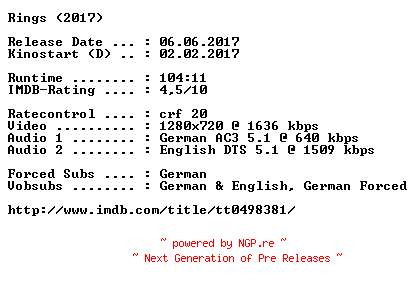 NFO for the release Rings.2017.German.DL.720p.BluRay.x264-COiNCiDENCE by COiNCiDENCE