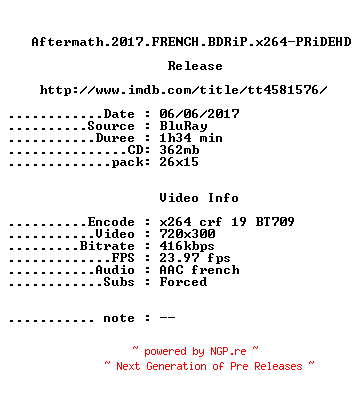NFO for the release Aftermath.2017.FRENCH.BDRiP.x264-PRiDEHD by PRiDEHD