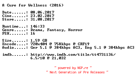 NFO for the release A.Cure.for.Wellness.German.2016.DL.BDRiP.x264-CiNEViSiON by CiNEViSiON
