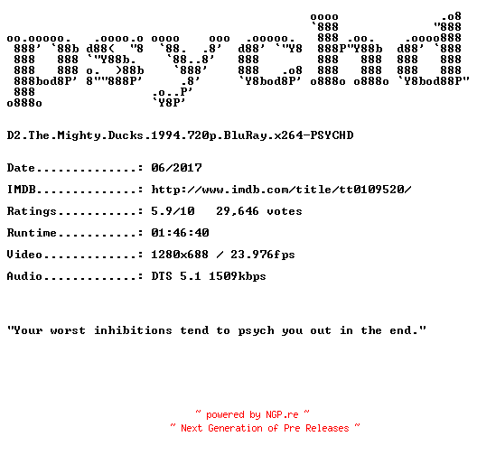 NFO for the release D2.The.Mighty.Ducks.1994.720p.BluRay.x264-PSYCHD by PSYCHD