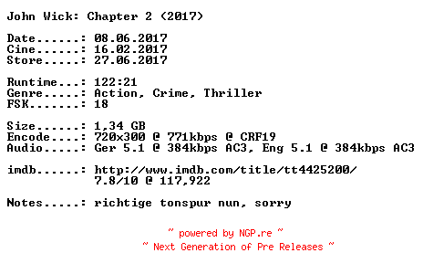 NFO for the release John.Wick.Kapitel.2.German.2017.DL.BDRiP.REPACK.x264-CiNEViSiON by CiNEViSiON