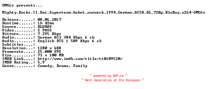 NFO for the release Mighty.Ducks.II.Das.Superteam.kehrt.zurueck.1994.German.AC3D.DL.720p.BluRay.x264-OMGtv by OMGtv