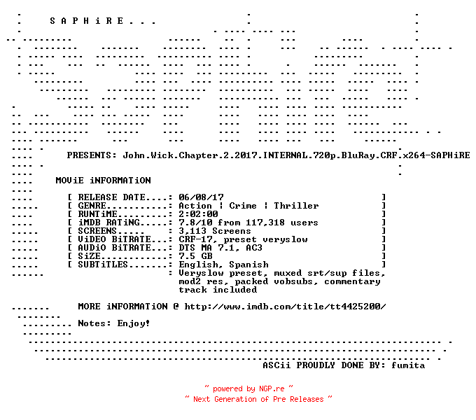 NFO for the release John.Wick.Chapter.2.2017.INTERNAL.720p.BluRay.CRF.x264-SAPHiRE by SAPHiRE