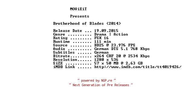 NFO for the release Brotherhood.of.Blades.2014.German.720p.BluRay.x264-MOViEiT by MOViEiT