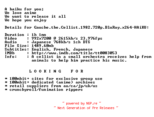NFO for the release Gauche.the.Cellist.1982.720p.BluRay.x264-HAiKU by HAiKU