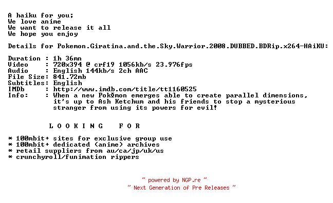 NFO for the release Pokemon.Giratina.and.the.Sky.Warrior.2008.DUBBED.BDRip.x264-HAiKU by HAiKU