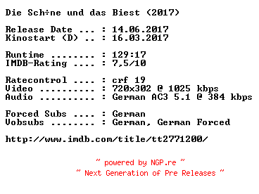 NFO for the release Die.Schoene.und.das.Biest.German.2017.AC3.BDRip.x264-COiNCiDENCE by COiNCiDENCE