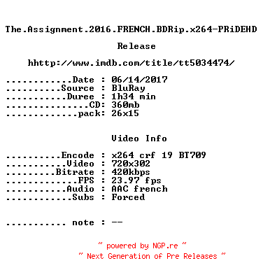 NFO for the release The.Assignment.2016.FRENCH.BDRip.x264-PRiDEHD by PRiDEHD