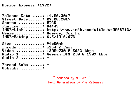 NFO for the release Horror.Express.1972.German.720p.BluRay.x264-SPiCY by SPiCY