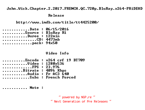 NFO for the release John.Wick.Chapter.2.2017.FRENCH.QC.720p.BluRay.x264-PRiDEHD by PRiDEHD