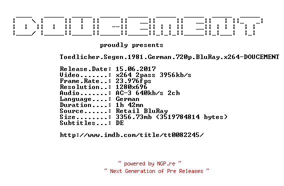 NFO for the release Toedlicher.Segen.1981.German.720p.BluRay.x264-DOUCEMENT by DOUCEMENT
