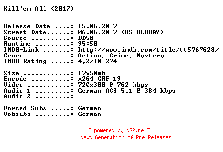 NFO for the release Kill.Em.All.German.2017.AC3.BDRip.x264-SPiCY by SPiCY