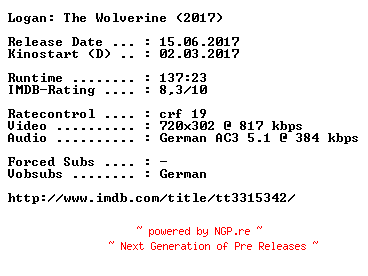 NFO for the release Logan.The.Wolverine.German.2017.AC3.BDRip.x264-COiNCiDENCE by COiNCiDENCE