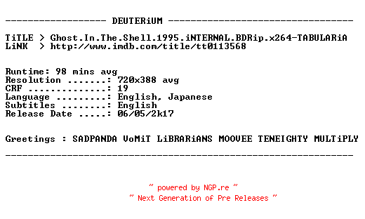 NFO for the release Ghost.In.The.Shell.1995.iNTERNAL.BDRip.x264-TABULARiA by TABULARiA