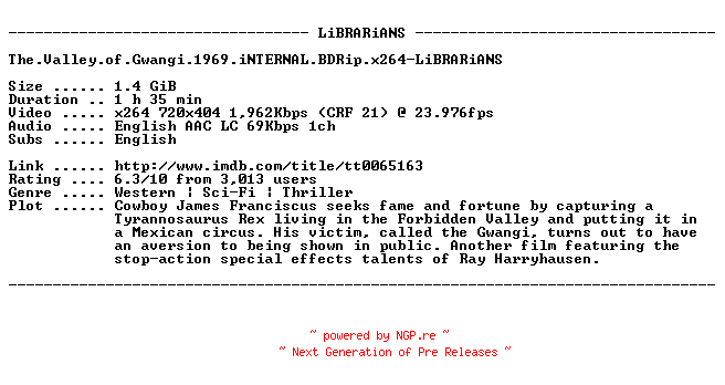 NFO for the release The.Valley.of.Gwangi.1969.iNTERNAL.BDRip.x264-LiBRARiANS by LiBRARiANS