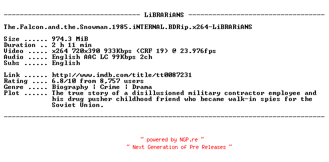 NFO for the release The.Falcon.and.the.Snowman.1985.iNTERNAL.BDRip.x264-LiBRARiANS by LiBRARiANS