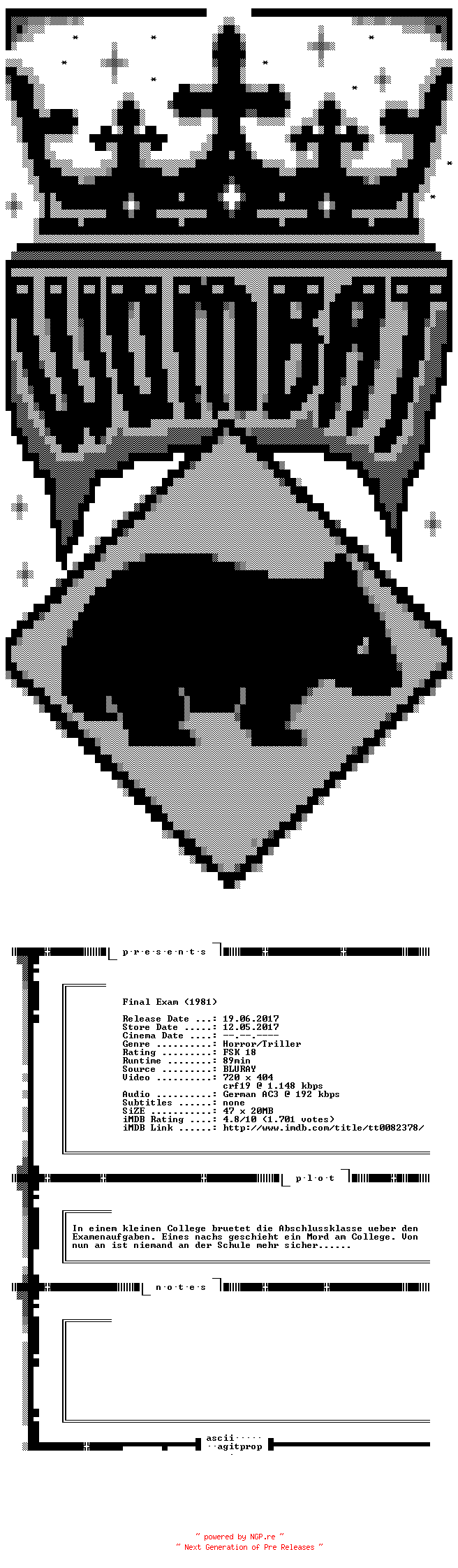 NFO for the release Final.Exam.German.1981.BDRiP.x264-WOMBAT by WOMBAT
