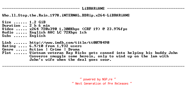 NFO for the release Who.ll.Stop.the.Rain.1978.iNTERNAL.BDRip.x264-LiBRARiANS by LiBRARiANS