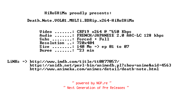 NFO for the release Death.Note.VOL01.MULTi.BDRip.x264-HiRoSHiMa by HiRoSHiMa